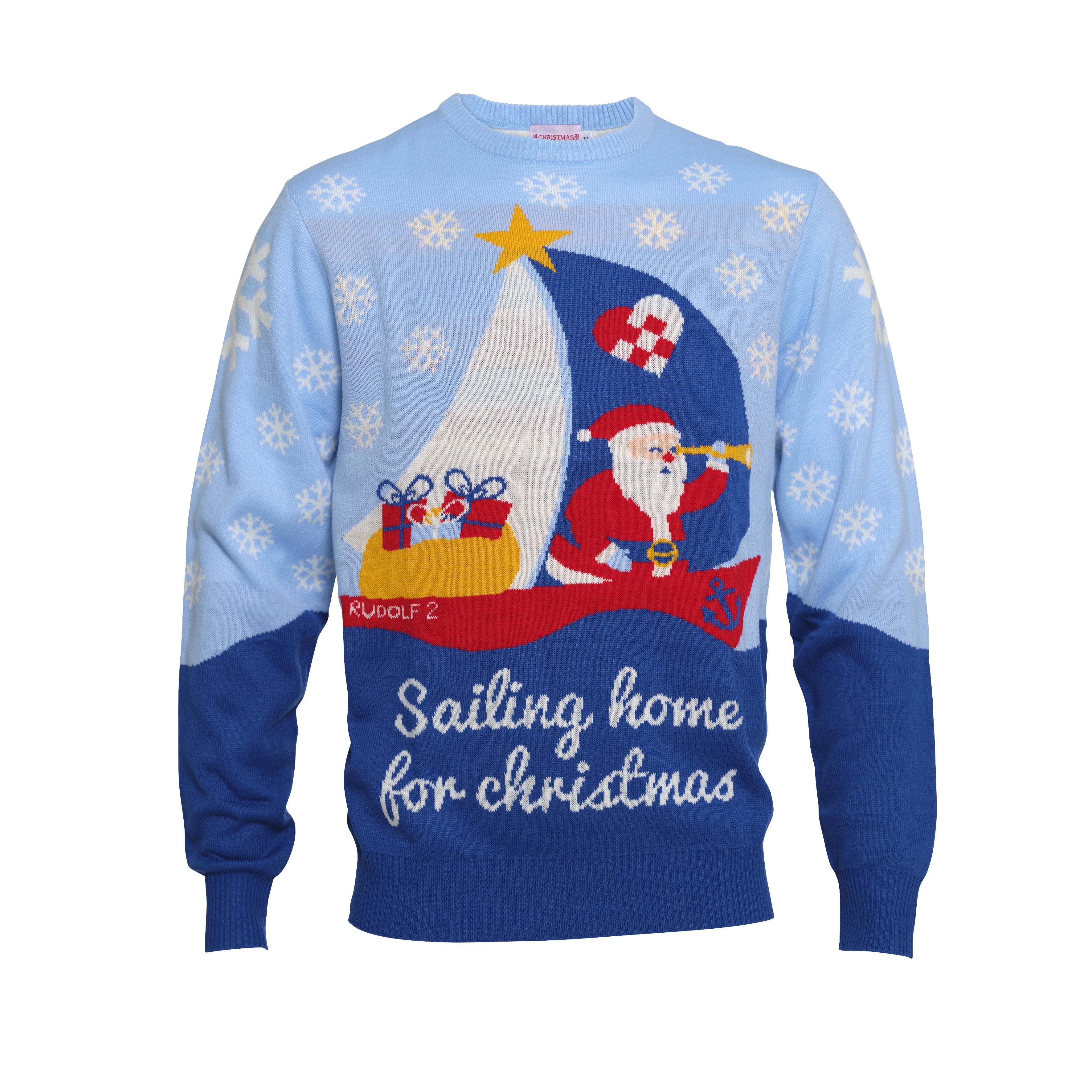 En blå jultröja med ett skepp på havet.